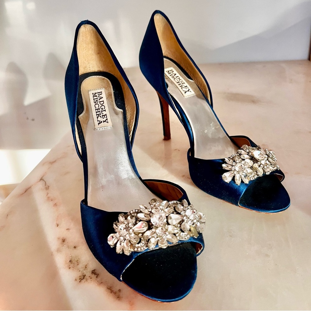 Badgley Mischka Blue Satin Jeweled Heels Pumps